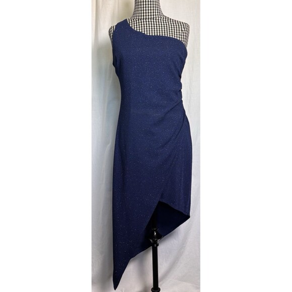 B. Darlin Womens Blue Sparkle Evening Dress Gold Zip Rouching One Shoulder 13/14 - Picture 1 of 7